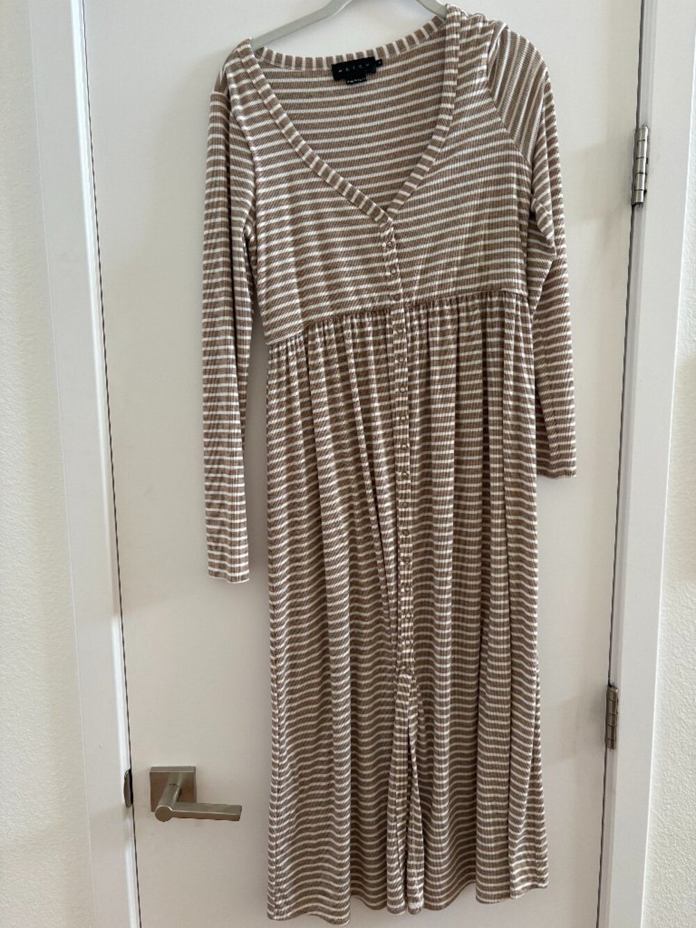 HATCH Collection Ribbed Knit Striped Maxi Dress Snap Front Nursing Tan White EUC
